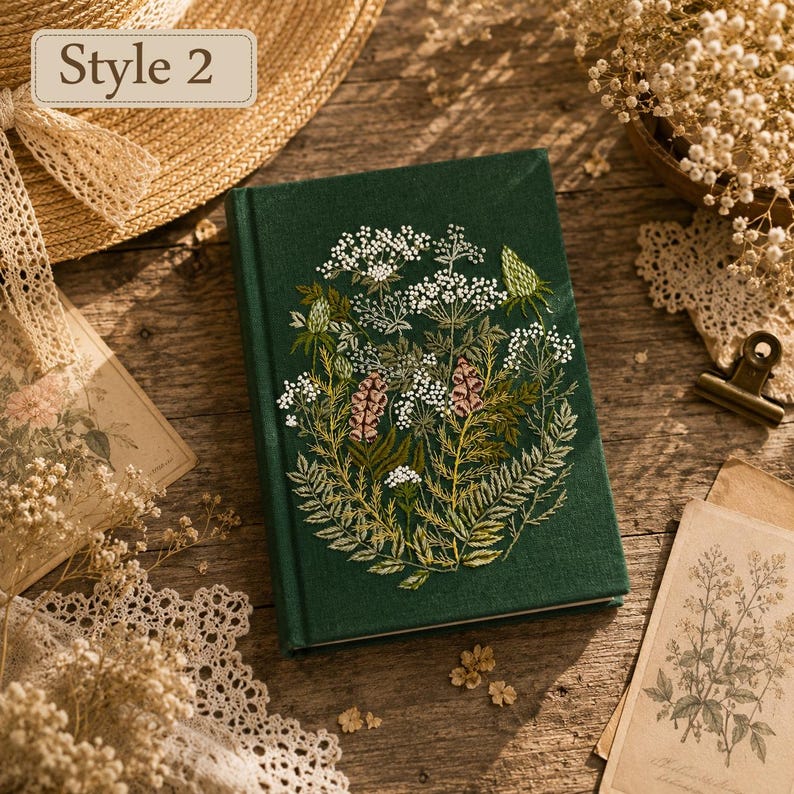 Personalized Embroidered Notebook, Handmade Botanical Journal with Custom Floral and Forest Designs Style 2