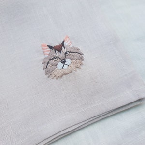 Hand Embroidered Linen Handkerchief, Cat Embroidered Handkerchief ...