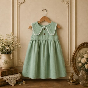 Op de afbeelding: Een mouwloze, mintgroene jurk met een Peter Pan-kraag afgezet met wit kant. De jurk heeft een geplooide rok en is aan de voorkant dichtgeknoopt met twee bruine knopen. Het hangt aan een houten kleerhanger tegen een neutrale achtergrond.