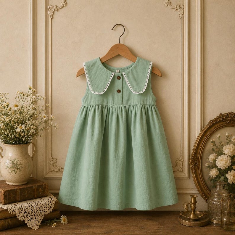 Op de afbeelding: Een mouwloze, mintgroene jurk met een Peter Pan-kraag afgezet met wit kant. De jurk heeft een geplooide rok en is aan de voorkant dichtgeknoopt met twee bruine knopen. Het hangt aan een houten kleerhanger tegen een neutrale achtergrond.
