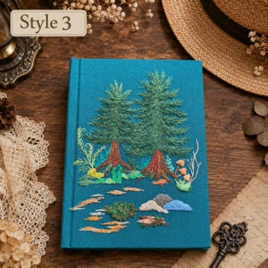 Personalized Embroidered Notebook, Handmade Botanical Journal with Custom Floral and Forest Designs Style 3