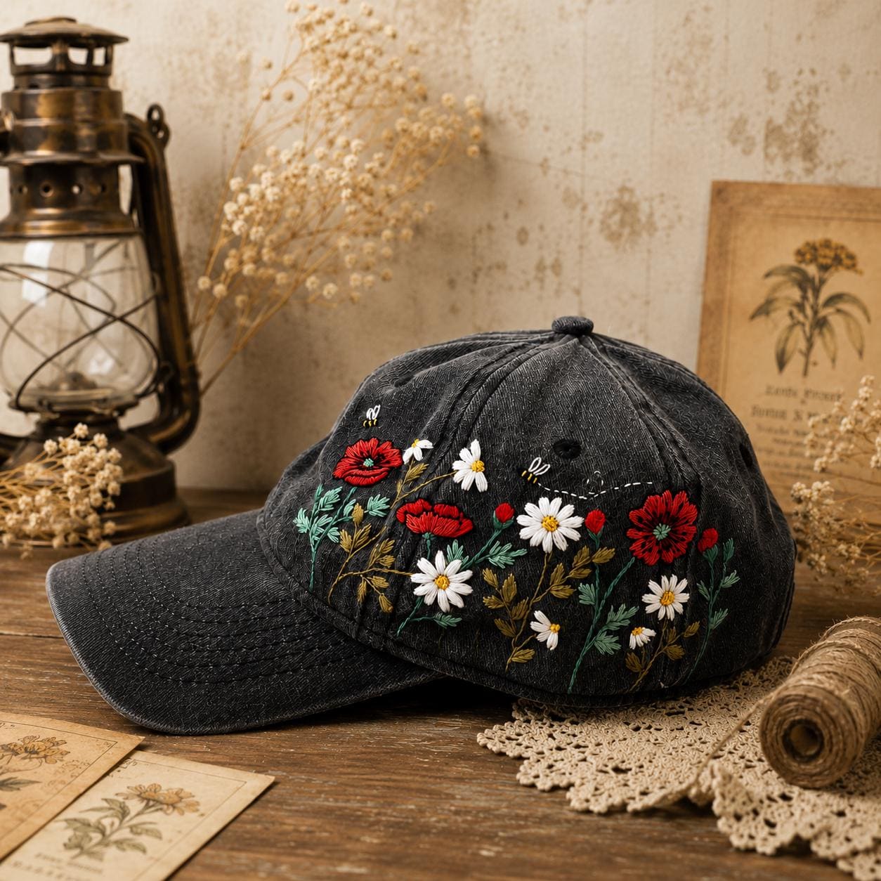 Hand Embroidered Floral Baseball Cap, White Daisy and Bee 