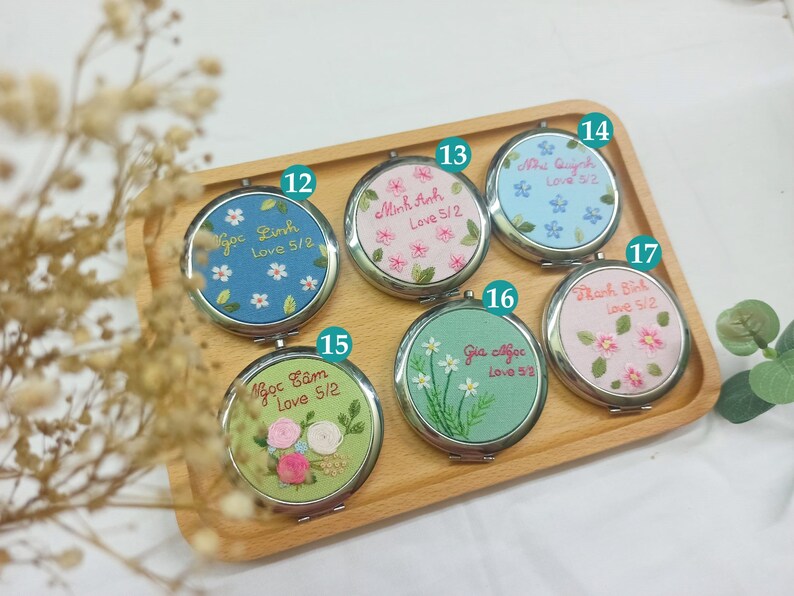 Hand Embroidered Pocket Mirror, Floral Embroidered Compact Mirror, Gift For Her, Bridesmaid Gift, Makeup Mirror, Personalized Compact Mirror image 3