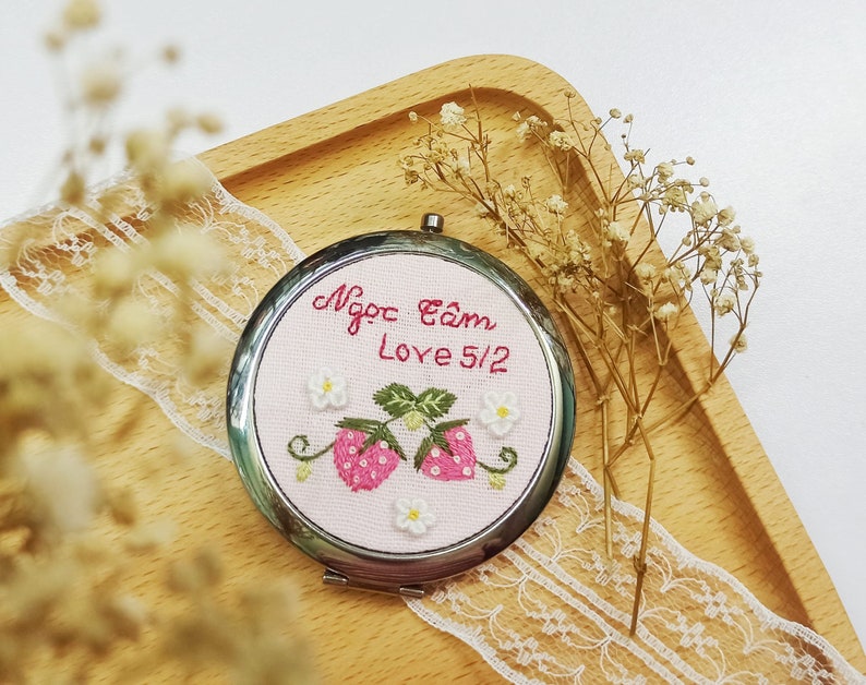 Hand Embroidered Pocket Mirror, Floral Embroidered Compact Mirror, Gift For Her, Bridesmaid Gift, Makeup Mirror, Personalized Compact Mirror image 9