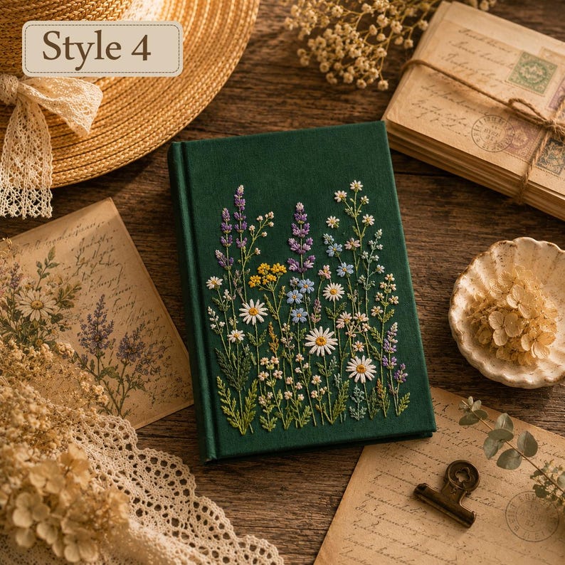 Personalized Embroidered Notebook, Handmade Botanical Journal with Custom Floral and Forest Designs Style 4