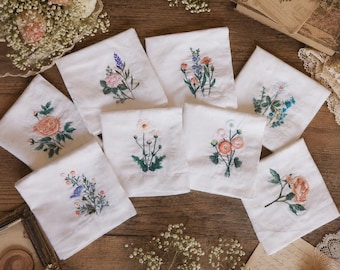 Hand Embroidered Linen Handkerchief, Floral Bridesmaid Wedding Gift