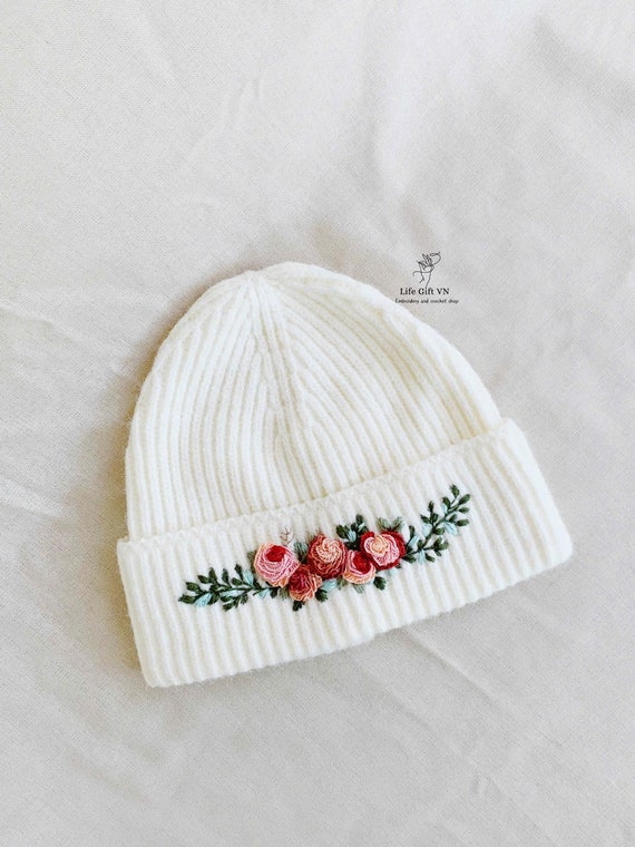 Buy Hand Embroidered Floral Beanie, Custom Beanie, Wool Hat 