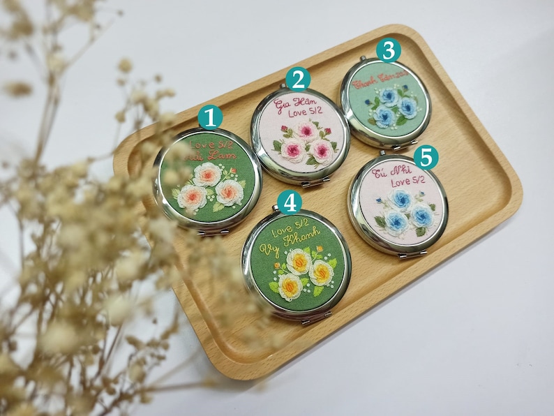 Hand Embroidered Pocket Mirror, Floral Embroidered Compact Mirror, Gift For Her, Bridesmaid Gift, Makeup Mirror, Personalized Compact Mirror image 2