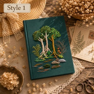 Personalized Embroidered Notebook, Handmade Botanical Journal with Custom Floral and Forest Designs Style 1