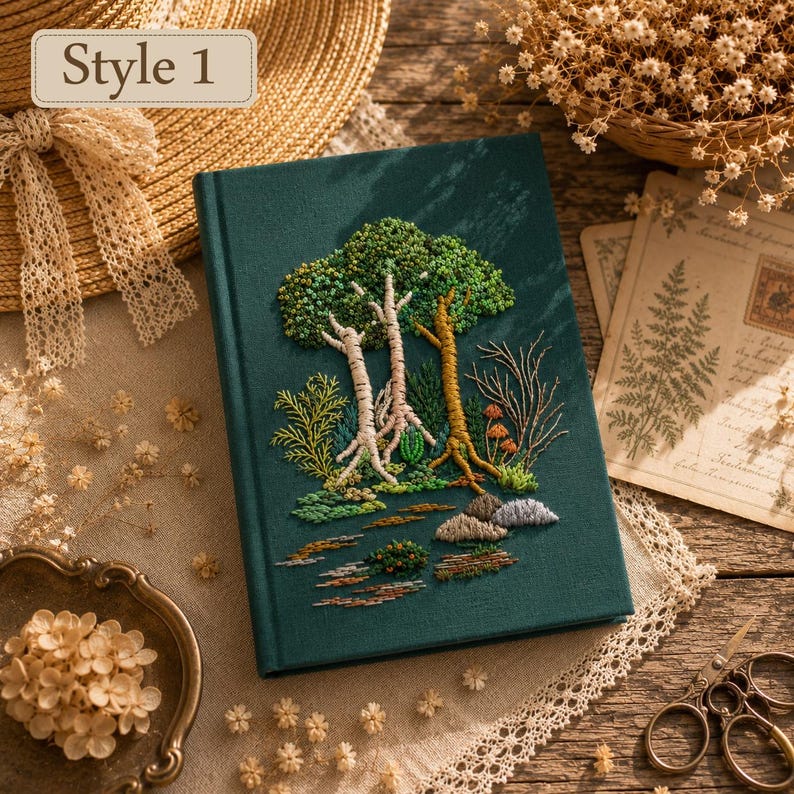 Personalized Embroidered Notebook, Handmade Botanical Journal with Custom Floral and Forest Designs Style 1