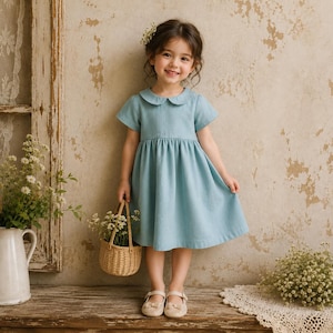 May include: A light blue short-sleeved dress with a rounded Peter Pan collar and a gathered waistline. The dress features a simple, solid-colored design with a flared skirt that falls above the knees, paired with light-colored flat shoes.