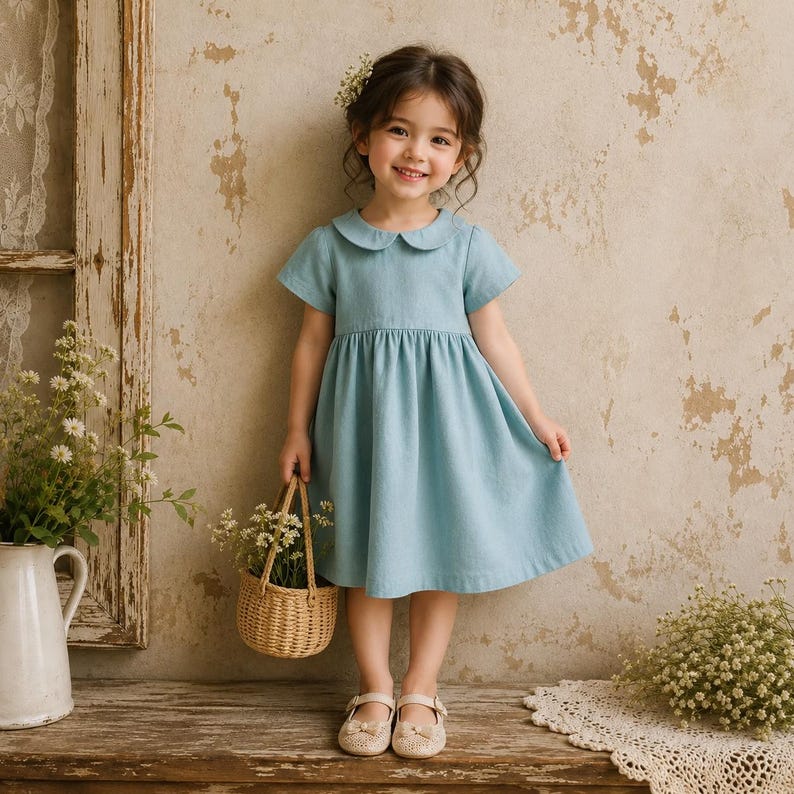 May include: A light blue short-sleeved dress with a rounded Peter Pan collar and a gathered waistline. The dress features a simple, solid-colored design with a flared skirt that falls above the knees, paired with light-colored flat shoes.