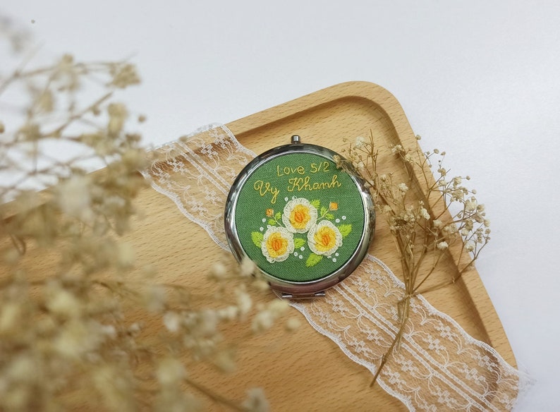 Hand Embroidered Pocket Mirror, Floral Embroidered Compact Mirror, Gift For Her, Bridesmaid Gift, Makeup Mirror, Personalized Compact Mirror image 7