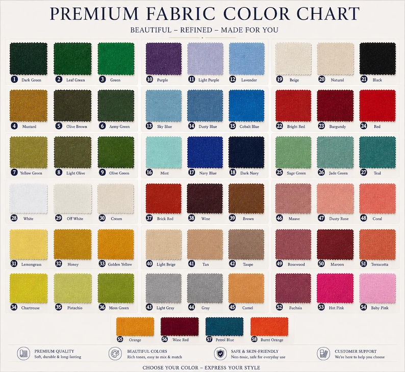 Op de afbeelding: Een stoffen kleurenkaart met diverse kleurstalen in groen, blauw, rood en neutrale tinten. De kaart bevat de tekst "Premium Fabric Color Chart" en "Choose Your Color - Express Your Style."