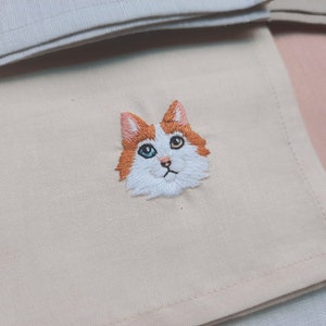 Hand Embroidered Linen Handkerchief, Cat Embroidered Handkerchief ...