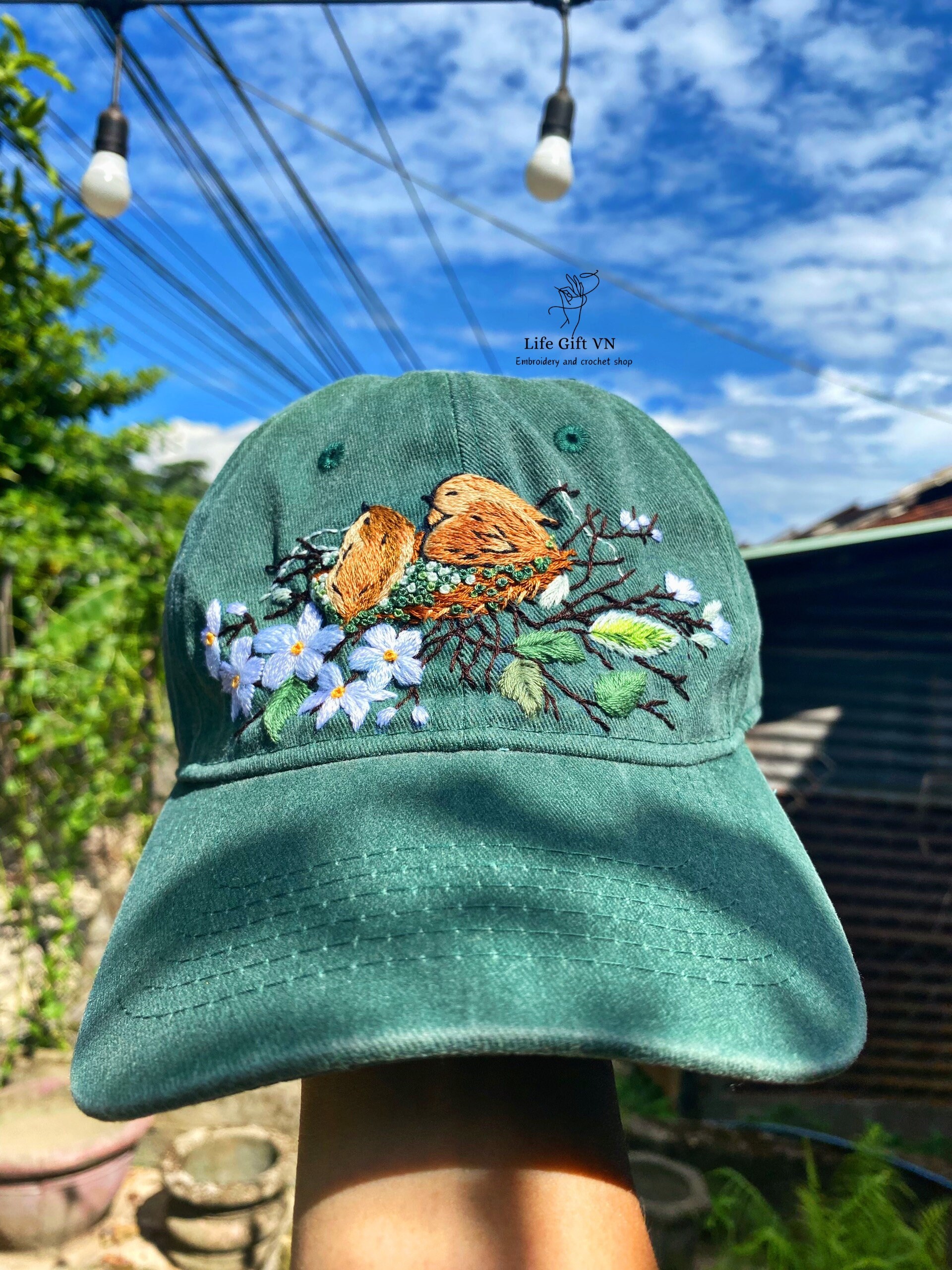 Embroidered Baseball Cap, Floral Bird Design, Custom Hat - Etsy display picture 1