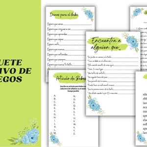 May include: A set of five baby shower games with blue and green floral accents. The games include "Deseos para el bebe", "Encuentra a alguien que", "Articulo de Bebes", "Adivina Quien? Mama o Papa", and "Balbuceos".