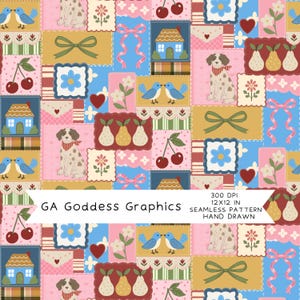 May include: A seamless pattern featuring repeating illustrations of spotted dogs, blue birds, red cherries, yellow pears, blue houses, pink ribbons, green bows, flowers, and hearts. The text GA Goddess Graphics 300 DPI 12x12 IN SEAMLESS PATTERN HAND DRAWN is centered.