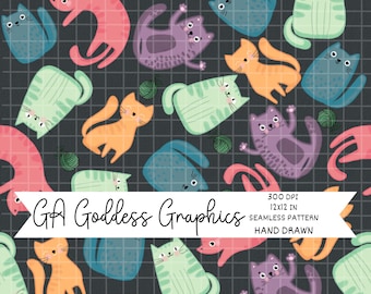 Estampa sem costura de gatos brincalhões | Tecido com gatinhos em tons pastel, ideal para scrapbooking (Download digital)
