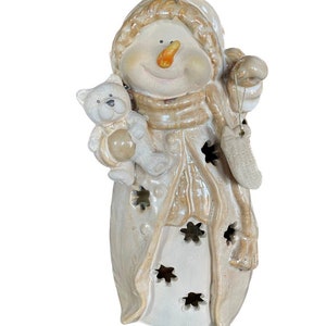 Vintage Beige Snowmen Ceramic Glazed Christmas Lightup Figurine Night Light Lamp A&H Imports