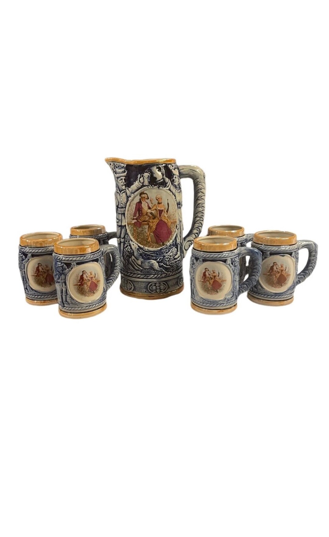 Vintage Blue Ceramic Pitcher With 6 Matching Mugs featuring A Victorian ...