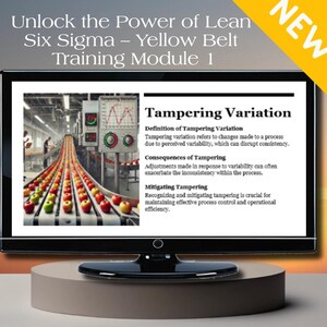 May include: A computer screen displaying a training module on tampering variation in a process. The module includes a definition, consequences, and mitigation strategies for tampering variation. The screen is on a desk with a red, white, and blue new sign.