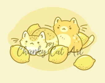 Sour Puss Digital Print, hand-drawn instant download printable pdf, lemon cats