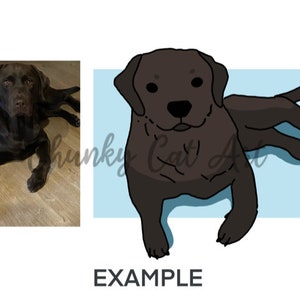 May include: Illustration of a chocolate Labrador Retriever dog in a relaxed pose, set against a light blue backdrop. The image includes a photograph of the dog and a cartoon version. The word "EXAMPLE" is written in bold, black letters.