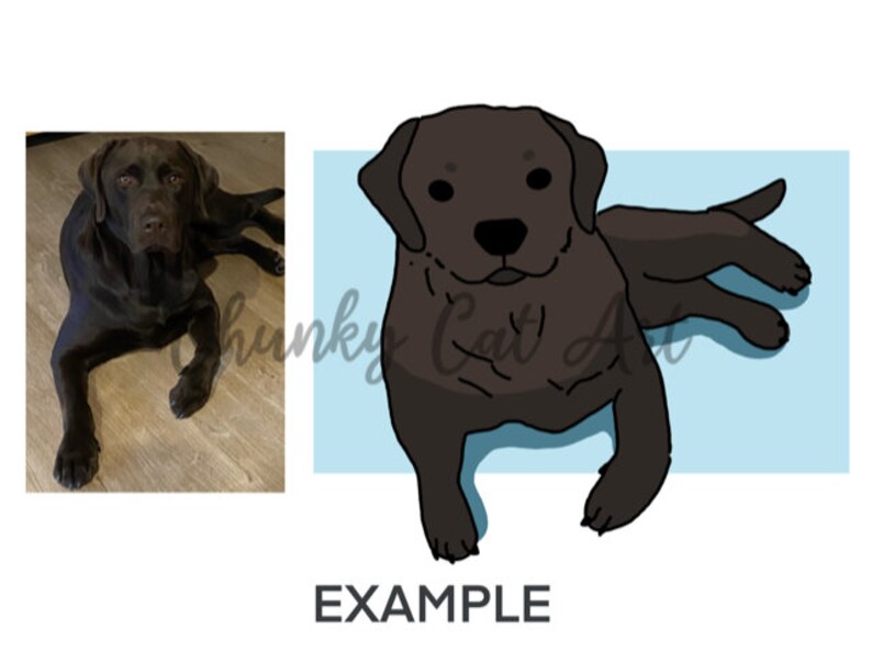 May include: Illustration of a chocolate Labrador Retriever dog in a relaxed pose, set against a light blue backdrop. The image includes a photograph of the dog and a cartoon version. The word "EXAMPLE" is written in bold, black letters.
