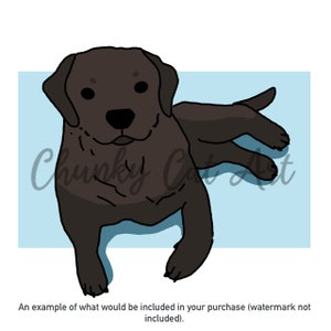 May include: A cartoon illustration of a chocolate Labrador puppy lying down on a light blue background. The puppy is brown with black features. The text "Chunky Cat Art" is in the lower left corner.