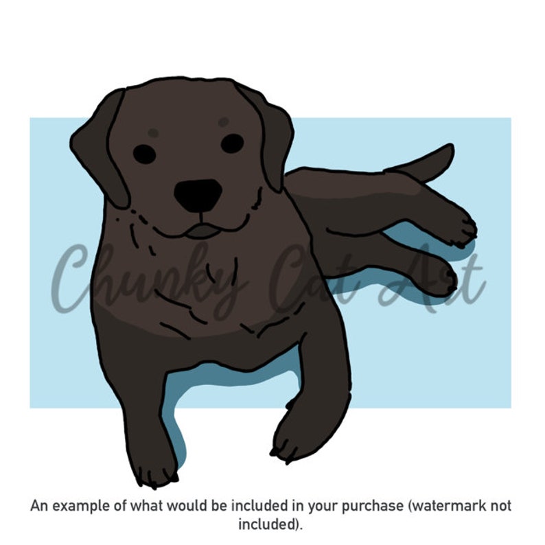 May include: A cartoon illustration of a chocolate Labrador puppy lying down on a light blue background. The puppy is brown with black features. The text "Chunky Cat Art" is in the lower left corner.
