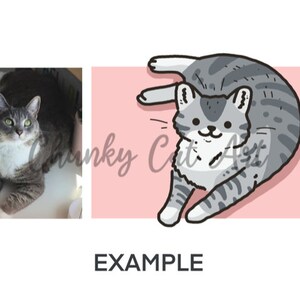 May include: The image features a gray tabby cat in two styles: a photograph and a cartoon illustration. The illustration shows the cat on a pink background. The text "Chunky Cat Art" and the word "EXAMPLE" are also present.