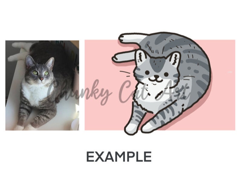 May include: The image features a gray tabby cat in two styles: a photograph and a cartoon illustration. The illustration shows the cat on a pink background. The text "Chunky Cat Art" and the word "EXAMPLE" are also present.