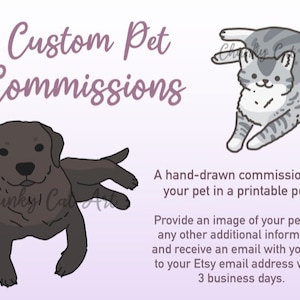 May include: Illustration of a brown Labrador and a gray cat. Text reads "Custom Pet Commissions" and "A hand-drawn commission of your pet in a printable pdf!" The image also states to provide an image of your pet.