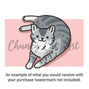 May include: A cartoon illustration of a gray and white tabby cat lying on its back. The cat has a happy expression and is set against a pink background. The text "Chunky Cat Art" is visible. The text at the bottom reads: "An example of what you would receive with your purchase (watermark not included)."