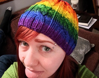 Hand-Knit Merino Wool Machine Washable Cabled Beanie - “Rainbow”