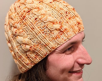 Hand-Knit Merino Wool Machine Washable Cabled Beanie - “Pumpkin Spice Latte”