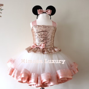 Luxury Rose gold Minnie mouse birthday tutu costume, rose gold sequins minnie mouse outfit