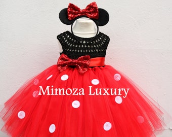 Minnie muis rode meisjes verjaardag tutu jurk, rode en zwarte minnie muis tutu jurk