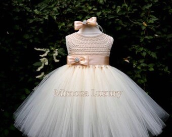 Champagner Blumen mädchen Kleid, beige Tüll Tüll Taufkleid