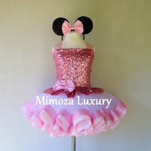豪華なピンクのミニーマウスの誕生日チュチュコスチューム、ピンクのスパンコールのミニーマウスの衣装