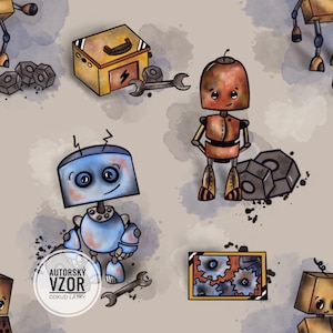 French Terry Robots 0,5 m / negozio tessuti / stampa digitale / modello senza cuciture / modello bambino / bambini / French Terry per neonati / cotone / design per neonati