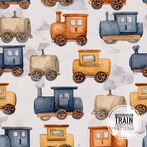 May include: Watercolor seamless pattern featuring various toy trains in shades of orange, yellow, and blue. Each train has a unique design, with smoke plumes and decorative wheels. The text "Watercolor Train Seamless Pattern" is included.