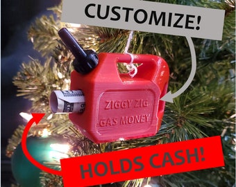 Personalized Gas Can Money Ornament - Funny Gasoline Stocking Stuffer, White Elephant or Gag Gift