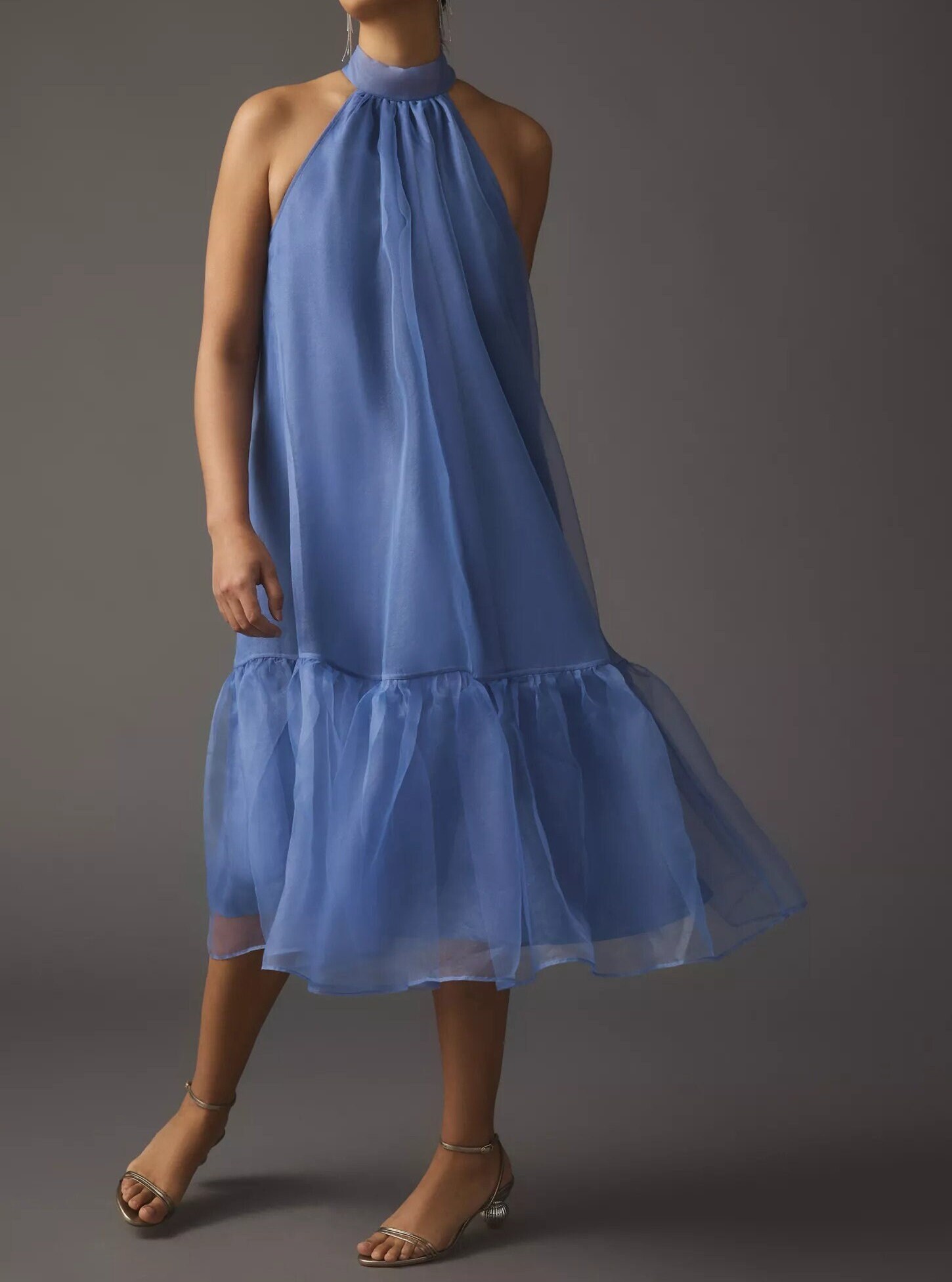Halter Neck Blue Midi Dress Organza Bow Flared Etsy