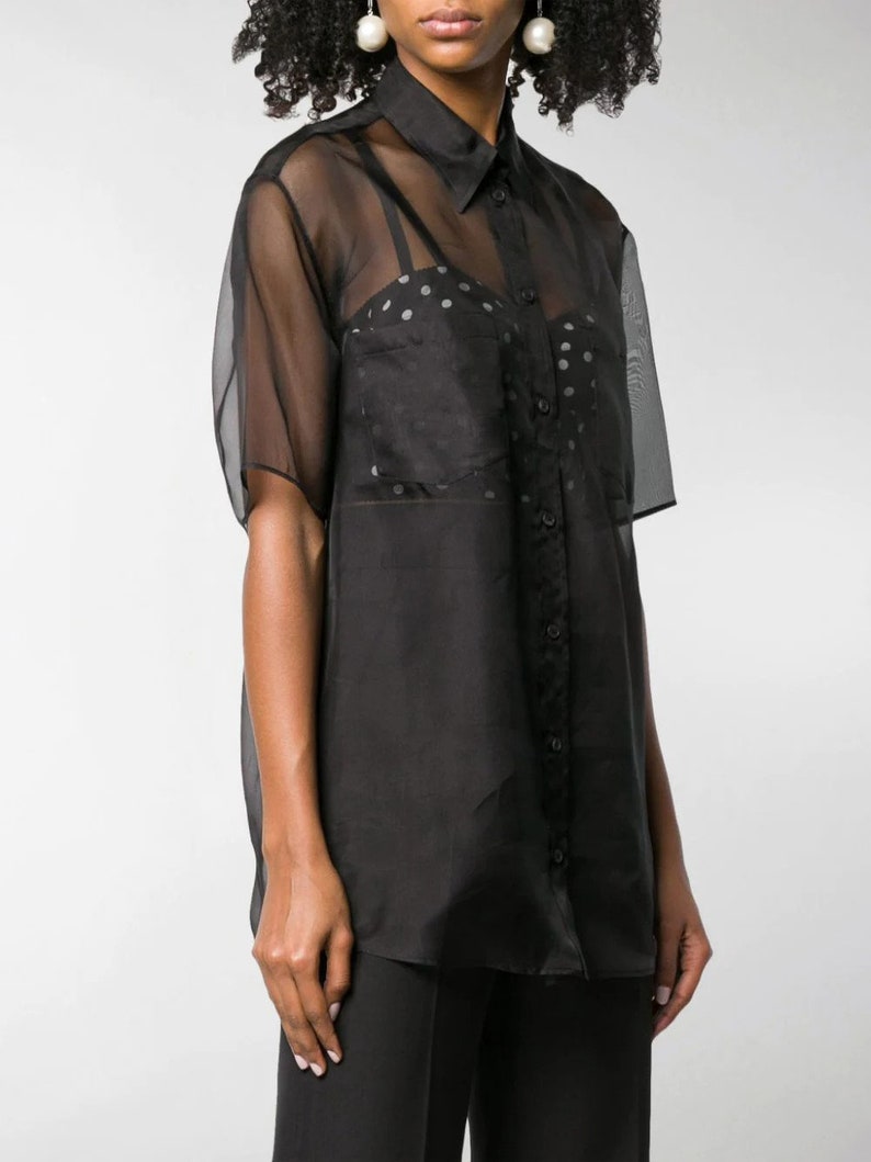 Organza Collared Full Sleeve Button Closure Long Shirt with balloon sleeves| Organza Stylish Shirt|- Sheer Organza Silk| Long organza shirt