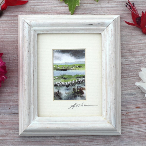 ISLAND SHEEP. Miniature Scenes of Ireland, framed. Watercolour print signed by the Artist. Paintings of Ireland. Wild Atlantic Way painting.