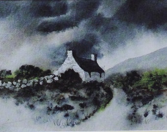 May include: A watercolor painting of a white cottage with a black roof, set against a backdrop of a stormy sky and rolling hills. The cottage is surrounded by a stone wall and green foliage.