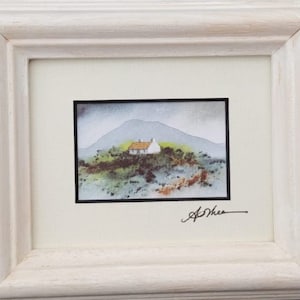 THATCHED COTTAGE on the hill. Miniature Scenes of Ireland, framed. Watercolour print signed by Galway Artist. Wild Atlantic Way painting
