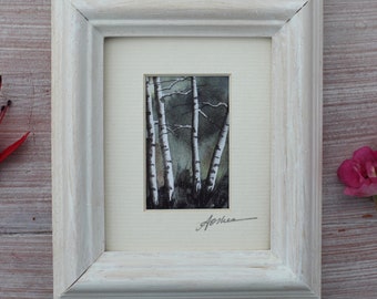 SILVER BIRCH TREES. Miniature Scenes of Ireland. Framed watercolour print signed by Artist. Paintings of Ireland. Wild Atlantic Way painting